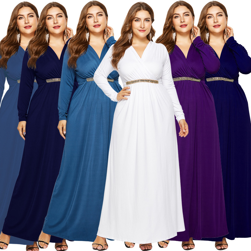 Plus Size Women Evening Dresses 2020 Long Sleeves Evening Gown Sexy V Neck Party Dress White Purple Black Navy Blue