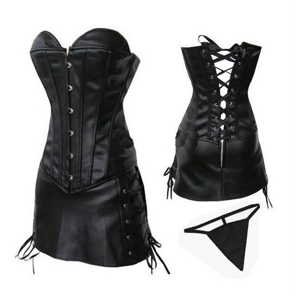 PLUS TAILLE Femmes Mode Clubwear Robe Corset Tenue Sexy En Cuir PVC Overbust Bustier Corselet et Mini Jupe À Lacets Latéraux S-6XL 252y