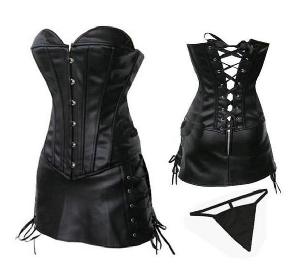 Plus taille femme mode clubwear corset tenue sexy pvc cuir overbust bustier corselet et laceup latérale mini jupe s6xl 6715318