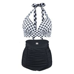 Plus size dames halter top bikini set hoge taille push up zwempak plaid vintage sexy strand badpak zwemkleding retro xxl xxxl 240327