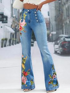 Grande taille femmes jean uni bouton décor jambe évasée longue Denim pantalon broderie florale femme taille haute large 240315
