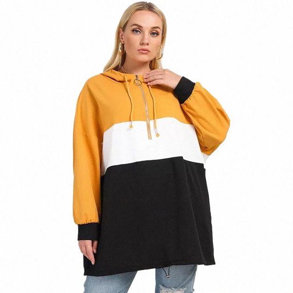 Plus Size Femmes Lâche Casual Sweats à capuche Top Drop épaule O-ring Zipper Cordon Mixcolor Sweat à capuche Lg Cordon Plus Sweat-shirt Z4sM #