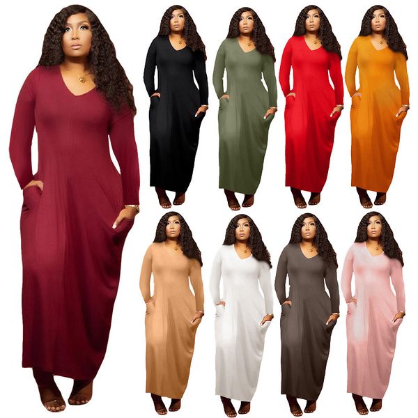 Plus la taille Femmes Maxi robe 3X 4XL 5XL jupes à manches longues décontractées automne hiver extensible solide col en V Robes de soirée plus grandes tailles étage longueur jupe noire En gros 5738