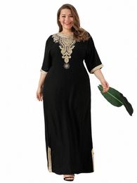 Vestido de talla grande para mujer musulmán Dr de manga corta con diamantes de imitación Vintage bordado Lg Dres bata árabe de Oriente Medio tela islámica z338 #