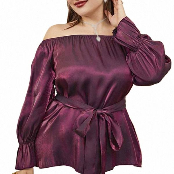 Plus la taille des femmes de l'épaule Peplum Ruffle Chiff Blouse 4XL femmes élégantes Lg Flare manches ceinturées tuniques métalliques chemises L8n5 #