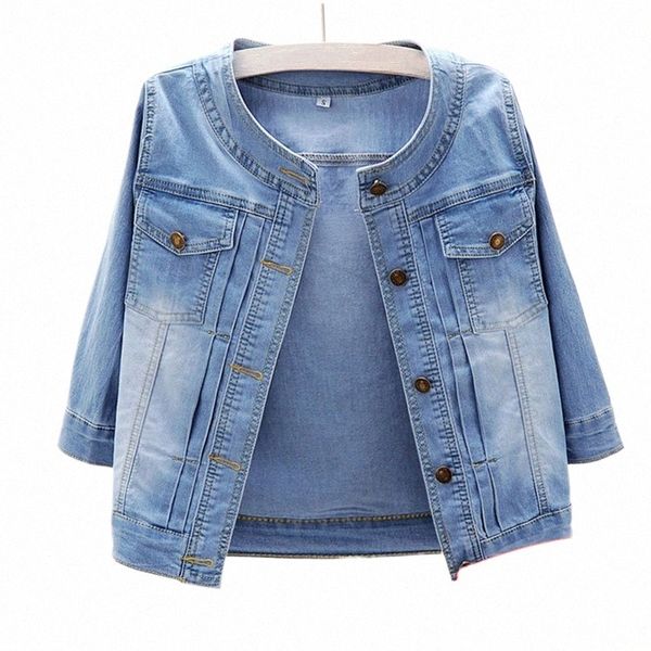 Tallas grandes Mujer Cuello redondo Azul claro Chaqueta vaquera recortada XXXL Suave y delgada Manga 3/4 Bomber Chaquetas de mezclilla cortas Abrigo informal 23lj #