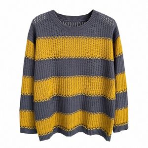 Plus la taille des femmes d'automne et d'hiver Ctrast couleur large rayé pull tricoté décontracté basique pull pulls J7Sv #