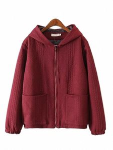 Plus la taille des femmes automne hiver manches lg tissus tissés sweat-shirt avec poche cardigan zippé épais veste à capuche en coton 97Og #