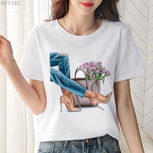 Plus size vrouwen casual t-shirt harajuku sexy mooie benen bloemen print t-shirt mode koreaanse trend witte top vrouwelijke t-shirt x0628