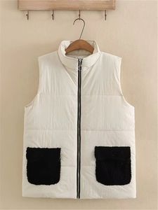 Vêtements pour femmes de grande taille gilet d'hiver col montant manteau sans manches intercalaire ajouté lapin en peluche de coton et poches contrastées 240111