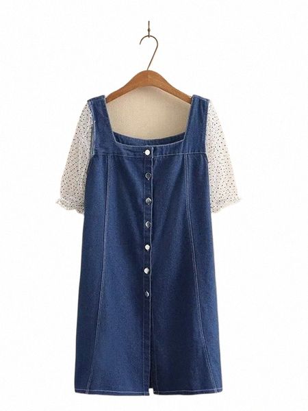 Plus la taille des femmes Dres doux, mince jupe en jean maille dentelle manches bouffantes manches courtes patchwork été genou longueur Dr 3XL-5XL P5lD #