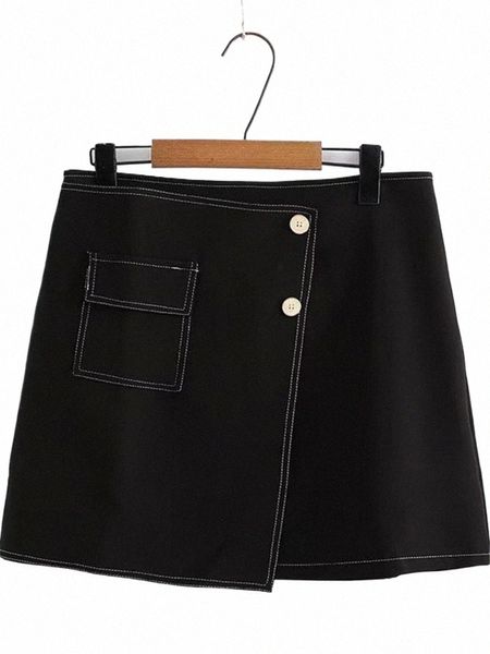 Falda de mujer de talla grande N-Stretch Poliéster Verano Minifalda negra Costura asimétrica Decorati con bolsillos y trasero a6X3 #