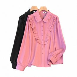 Chemise décontractée de printemps pour femmes, grande taille, à volants, design décoratif, haut de banlieue, ample et confortable, chemise noire h60j #