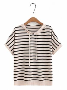 Plus la taille des femmes d'été T-shirt manches chauve-souris à capuche Jersey Stretch T-shirt d'été mince rayé T-shirt pour Plump Lady XL-4XL v9TL #
