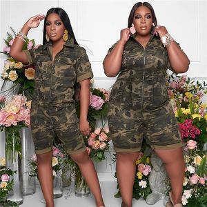 Femmes de taille plus S4xl 5xl Streetwear Streetwear Camo Pockekts Zipper Jumps Contanes Camouflage Success Plays Cuitts Salopets 240410