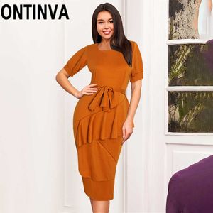 Grande taille femmes robe d'été élégante Slim Fit volants ceintures manches courtes robes moulantes haute extensible fête nuit porter Omighty 210527