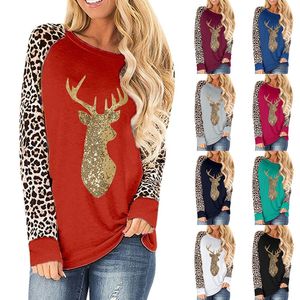 Grande taille femmes pull noël cerf paillettes léopard Patchwork col rond à manches longues T-shirt 2020 automne hiver vêtements M3001