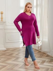 Plus Size Dames Truien Zijsplit Top Gebreide Effen Kleur Truien Lange Mouwen Oversized Winter Herfst Vrouwelijke Trui Kleding 240124