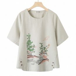Plus Taille Femmes T-shirt 2023 Été Style ethnique Wed Cott Lin Imprimer Tees Lâche Demi-manches Tops Courbe Vêtements G5-2308 M1pg #