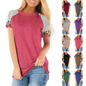 Tallas grandes Camisetas Camisetas Casual de algodón Tops de verano Rayado Leopardo Patchwork Manga corta Mujeres Tee Shirts XS