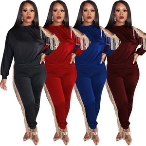 Femmes plus taille Femmes Costumes 2 PCS Set Fashion Dew Shoulder Top + Pantalon Cound Cound Color Color Tassels Tassels Sexy Night Club Portez des vêtements 2070