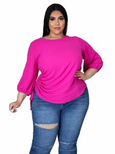 Plus Size Vrouwen Tops 4XL 5XL O Hals Half Mouw Trekkoord Geel Slim Fit Kantoor Dame Casual Trui Shirts blouse voor Dames 89cU #