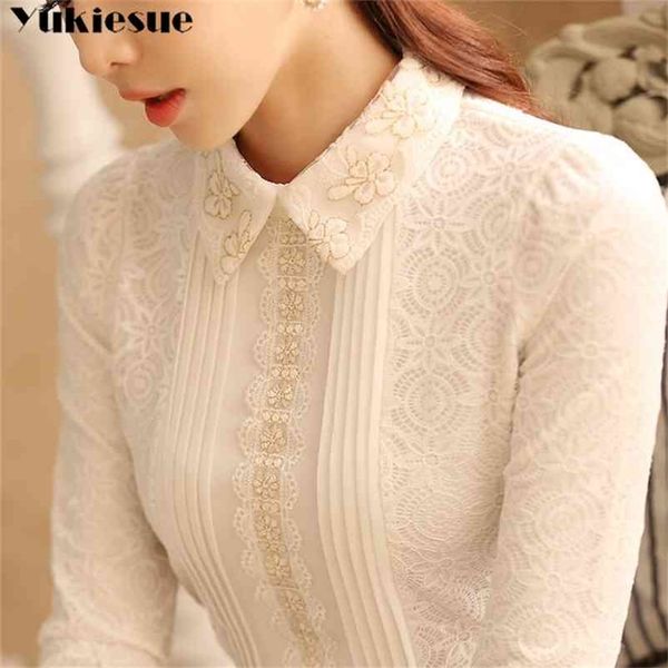 Plus la taille des femmes Tops Blouse en dentelle blanche Chemise Femme Tops et chemisiers à manches longues épais chaud hiver femmes chemises élégantes blusas 210412