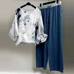 Grande taille femmes deux pièces ensembles sexy chemise à manches moyennes élégant imprimé floral pantalon large haut streetwear tenue d'été décontractée 240328