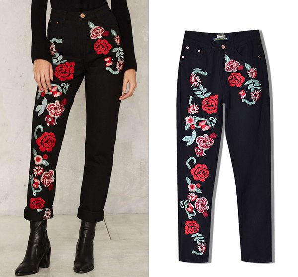 Grande Taille Femmes 3D Couleur Broderie Stéréoscopique Roses Fleurs Pantalon Taille Haute Lâche Denim Pantalon Droit Noir