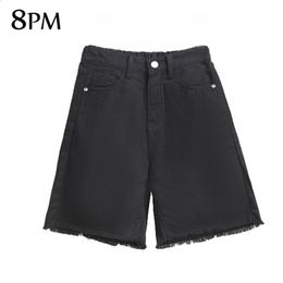 Plus size dames bermuda shorts comfort taille gerafelde ruwe zoomline gescheurde denim zwarte kleur met zakken oUC1531 240329