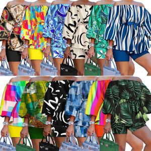 Plus Size Dameskleding Trainingspakken Designer 2023 Nieuwe Print Pak Sexy Off-Shoulder Pofmouwen Top Shorts Outfits Tweedelige bijpassende Set