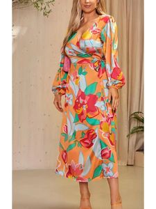 Vestido de talla grande para mujer, informal y a la moda, manga larga, estampado Floral, corte ajustado, cuello en V, bata estilo playa 240202