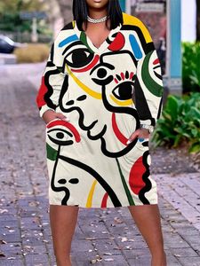 Plus size dames modestraatstijl jurken casual los onregelmatig patroon lange mouw vneck 5xl 240506