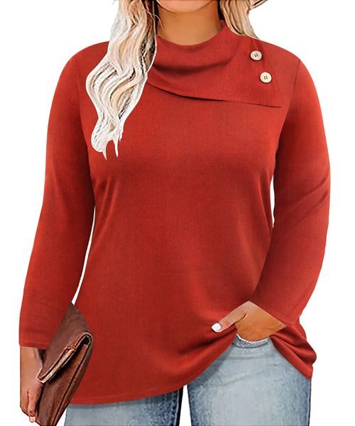 Grande taille femmes chemise à manches longues vin rouge col bénitier bouton conception à la mode Blouse confortable doux automne 5X femme vêtements 240126