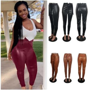 Pantalon en cuir PU pour femmes, grande taille, collants taille haute, Leggings, ceinture avant, nœud arrière, fermeture éclair, pantalon crayon serré, mode fête décontractée Bo7983524