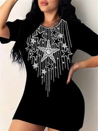 Plus size dames stervormige diamant 3D printing t -shirt jurk korte mouw casual top voor zomerse lente kleding 240410