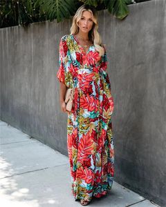 Plus taille femme Summer lâche kimono maxi robe enveloppe V cou V 34 manche à imprimé floral fente longues robes 240412