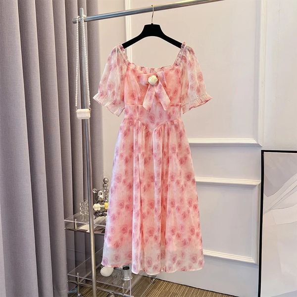 Robe de fée rose d'été pour femmes, grande taille, avec nœud appliqué, ruban doublé d'une robe de soirée élégante, en Polyester imprimé, 240202