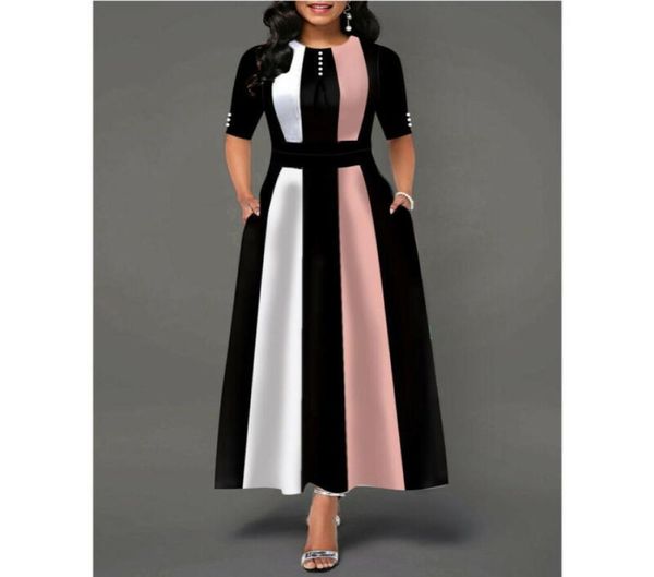 Plus taille femme vintage robe swing dames mi-manches robes patineuses de fête au Royaume-Uni polyester long rose jaune violet été décontracté y29995278