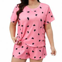 Plus Size XL-5XL Oversized Nachtkleding Ronde Hals Dames Pyjama Sets Korte Mouw T-shirt Shorts Roze Hart Print Loungewear 2PC h1MZ #