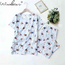 Plus-Größe XXXL 2 Stück Sommer Frauen Pyjamas Sets Cartoon bedruckte Baumwolle Top und Shorts weibliche Nachtanzug P05408B 210421