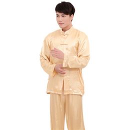 Conjunto de pijamas de satén de estilo chino XXXL de talla grande para hombre, pijama con botones Vintage, traje de manga larga, ropa de dormir, camisa, pantalón, ropa de dormir W258P