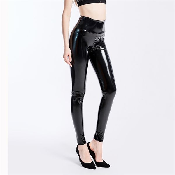 Plus Taille XXXL Femmes Leggings Noirs Sexy Taille Haute Élastique Pu Cuir Pantalon Skinny Brillant Wet Look Latex Métallique 211215