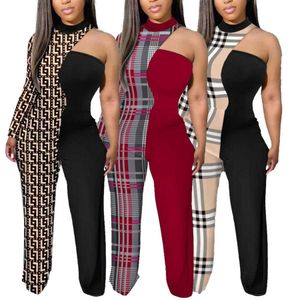 Plus maten Designer 2023 Nieuwe dames jumpsuits verkoopt sexy contrast kleur patchwork modieus bedrukte een schouderpolmogelijkheden