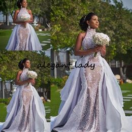 Más szie vestidos de novia africanos con tren desmontable 2023 modesta falda hinchada de cuello sima breve jardín de bodas reales 217p