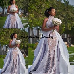 Más Szie Vestidos de novia africanos con tren desmontable 2023 modesta falda hinchada de cuello sima breve jardín de boda real 284r