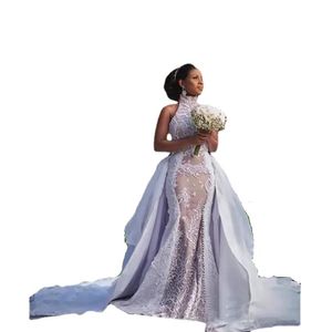 Plus Szie robes de mariée africaines avec train détachable modeste col haut jupe gonflée Sima Brew Country Garden robe de mariée royale