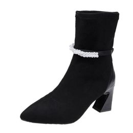 Plus Veet Fashion chaude hiver mi-boucts Boots Femmes Femmes Talons hauts épais Botas de Mujer Point Toe Slip on Ladies Chaussures 48157