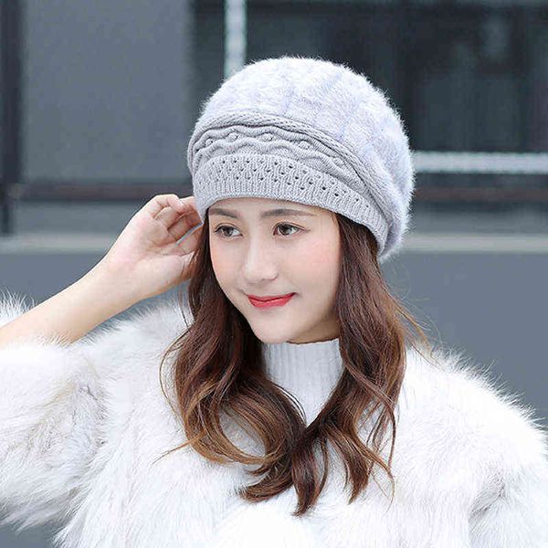 Plus Velvet Faux Rabbit Fur Cap Damas Invierno Coreano Sombrero de piel de conejo Nuevo Invierno Sombrero de lana Grueso Cálido Sombrero de punto Sombreros Boinas J220722