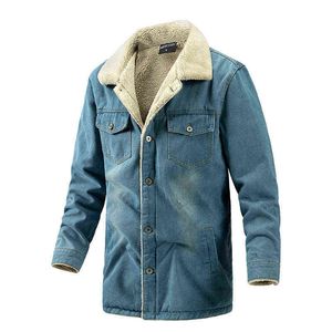 Plus fluwelen lange denim jas mannen casual windjack fleece dikke warme katoenen jeans jas mannelijke winter bontkraag bommenwerper jassen y1109